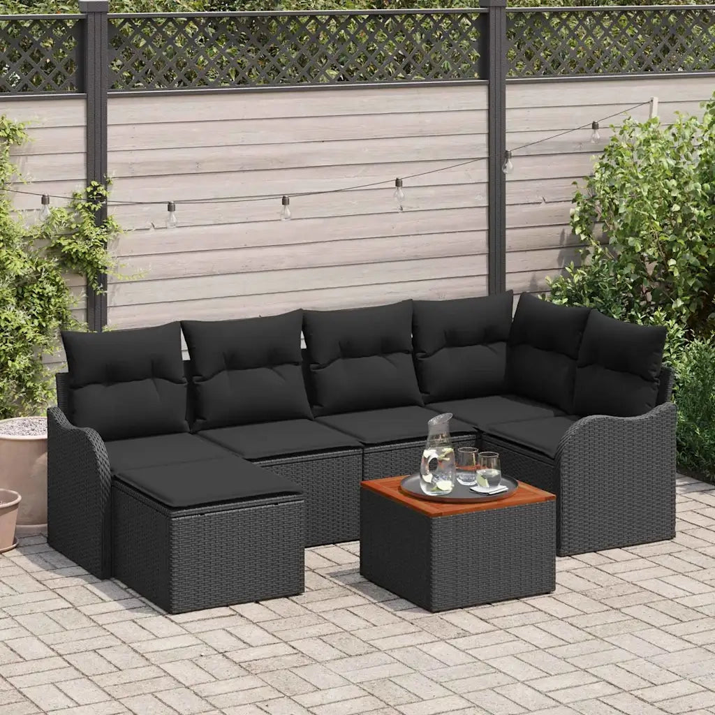 Set Divano da Giardino con cuscino 7 pcs Nero polyrattan