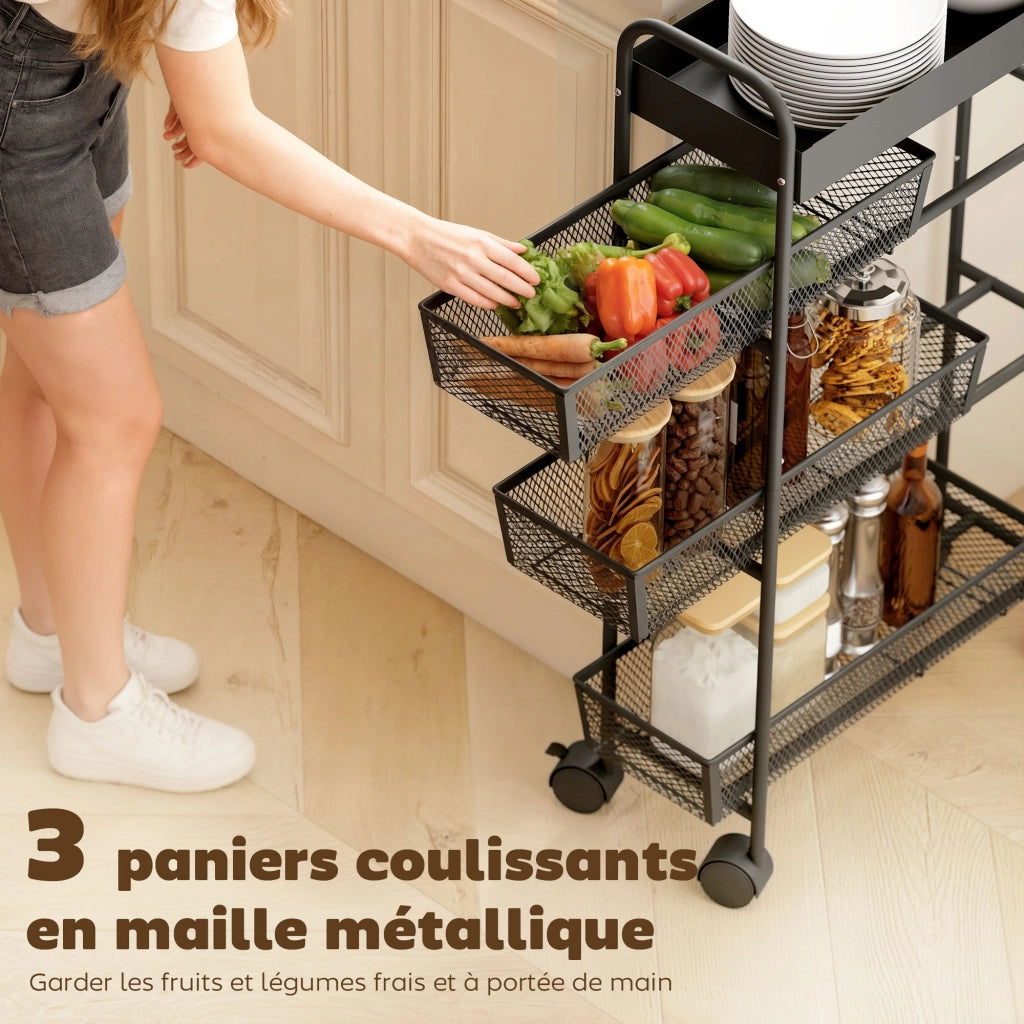 Carrello portaoggetti 4 ripiani con rotelle ¨C Xylo ¨C 3 cassetti scorrevoli metallo nero 19x43x80cm