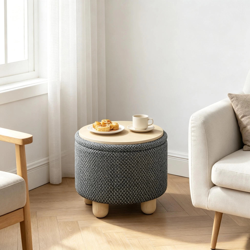 Pouf contenitore rotondo con vassoio in legno, lino e MDF, Grigio scuro