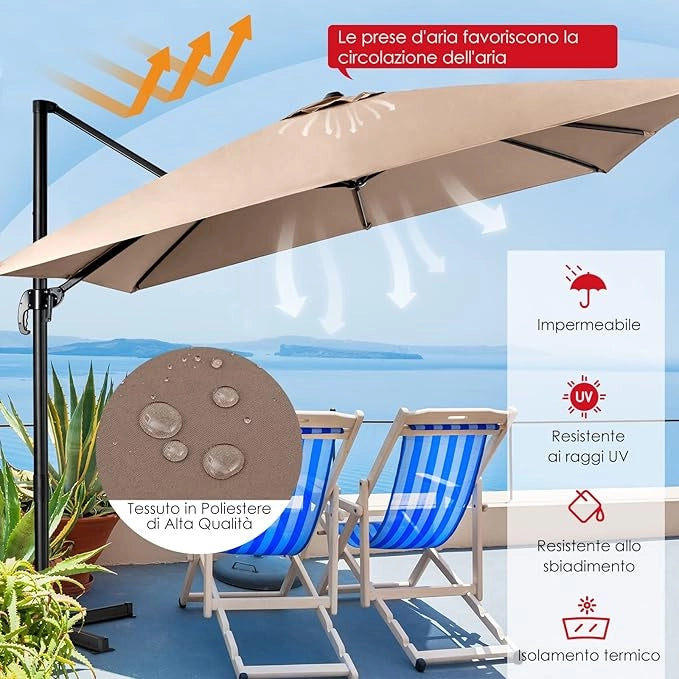 Ombrellone da Giardino, 300 x 300 cm, Ombrellone da Esterno con 3 Inclinazioni, Rotazione a 360°, Manovella, 8 Stecche, Base Incrociata (Caffè)