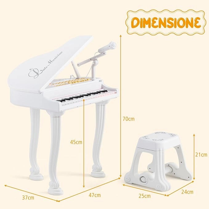 Pianoforte per Bambini a 37 Tasti, Set Pianoforte con Microfono Regolabile, con Funzione di Registrazione e Riproduzione, Giocattolo Tastiera Musicale per Bambini 3+ Anni (Bianco)
