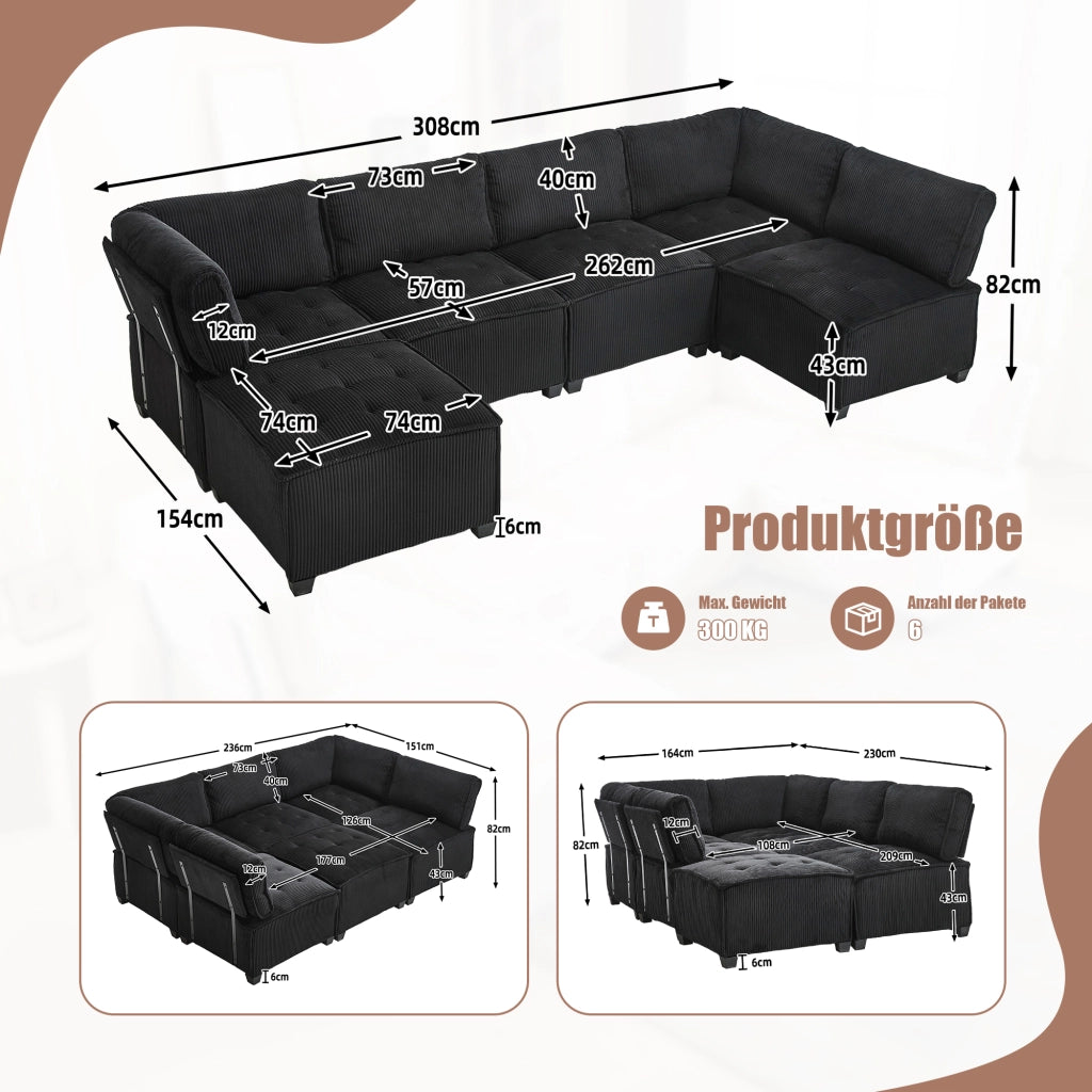 SOFA Modulare 6 posti 308 cm in tessuto corduroy nero