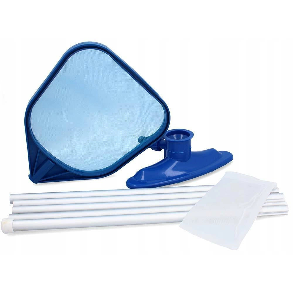 Set Pulizia Acqua Piscina Base Con Aspiratore Skimmer Rete e Asta telescopica