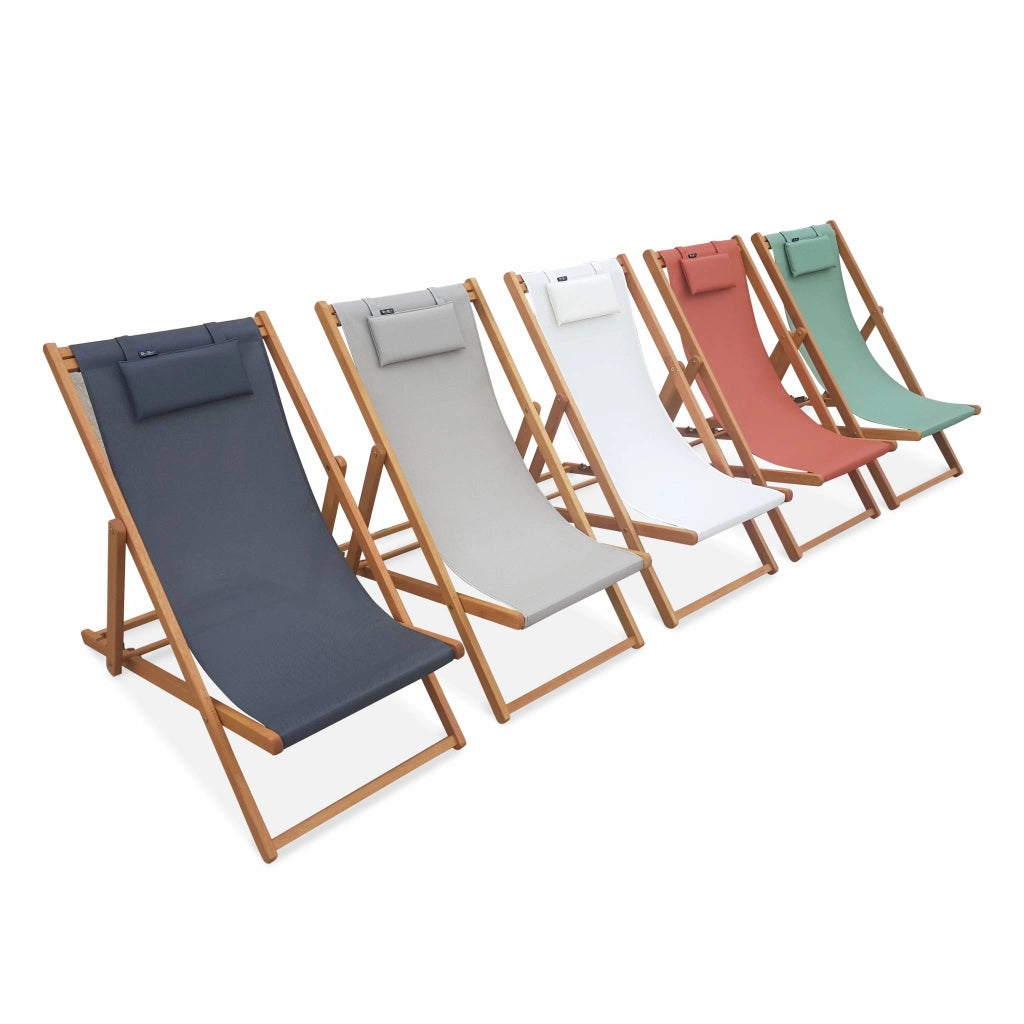 Set 2 lettini prendisole in legno con cuscino poggiatesta, antracite