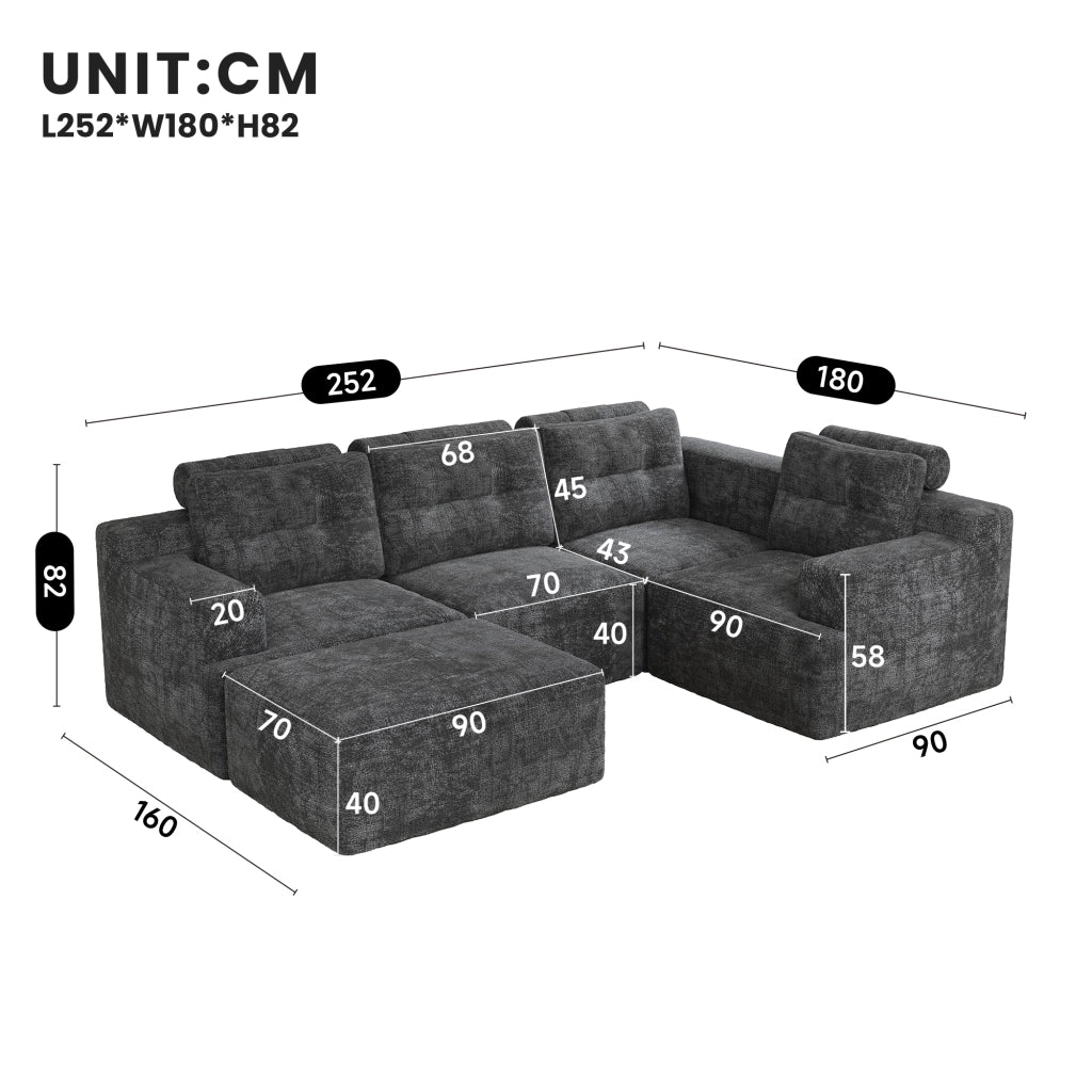 DIVANO Modulare a U 252x180x82 cm Chenille Grigio 5-6 posti