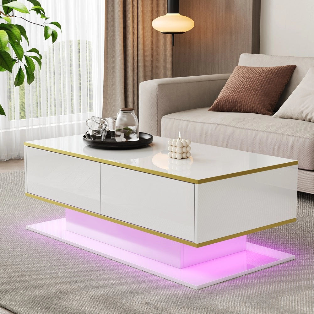 Tavolino da Caff¨¨ LED con Cassetti ¨C MINIMAL ¨C Lucido Oro, USB, 100 cm