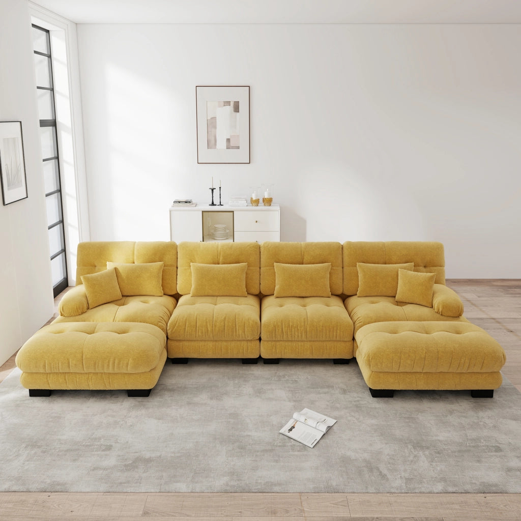 Divano angolare modulare in chenille con ottomano mobile e cuscini lombari, giallo 406 × 145 × 81 cm