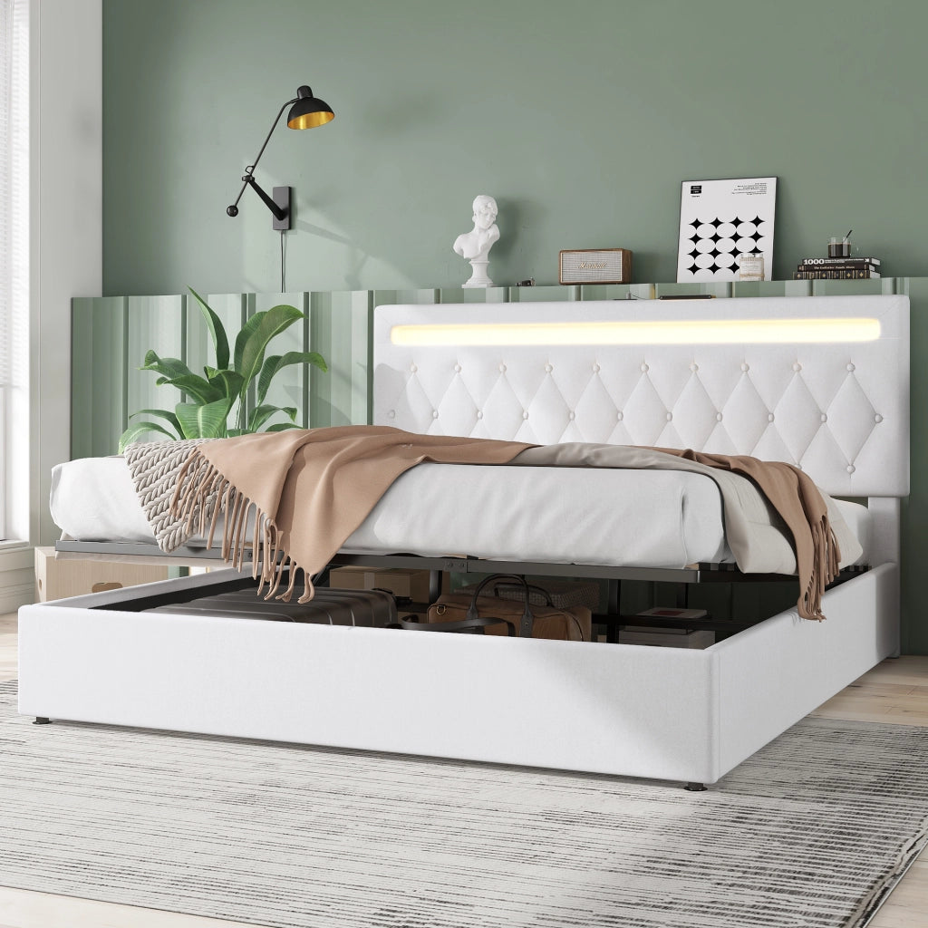 Letto doppio imbottito 180x200cm con ripostiglio; USB e Tipo C in bianco