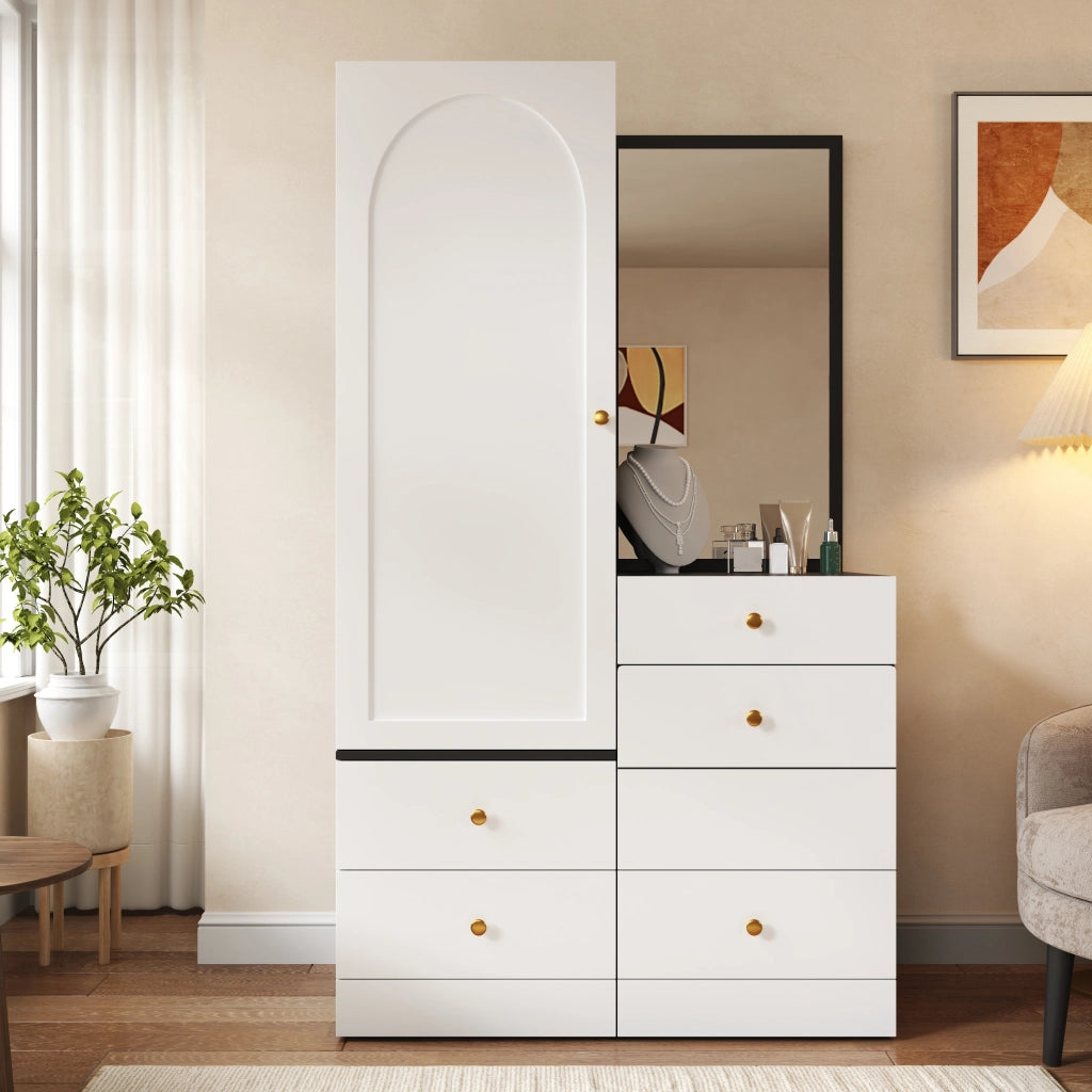 Toeletta con armadio laterale, specchio intero, 6 scomparti e 4 cassetti, per camera da letto, 90 × 50,5 × 160 cm