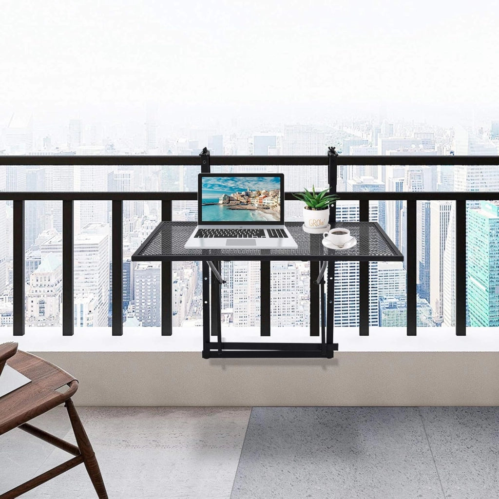 Tavolino Pieghevole da Balcone, Regolabile in Altezza, Tavolo da Appendere a Sospensione di Ferro, Nero, 60,5 x 40,5 x 61,5-82,5 cm