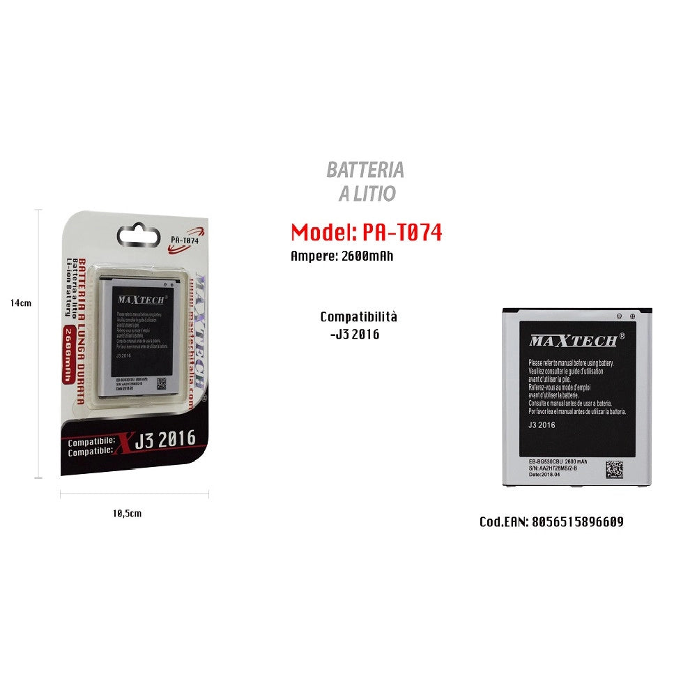 Trade Shop - Batteria Litio Lunga Durata Compatibile Samsung J3 2016 Maxtech 2600mah Pa-t074 -