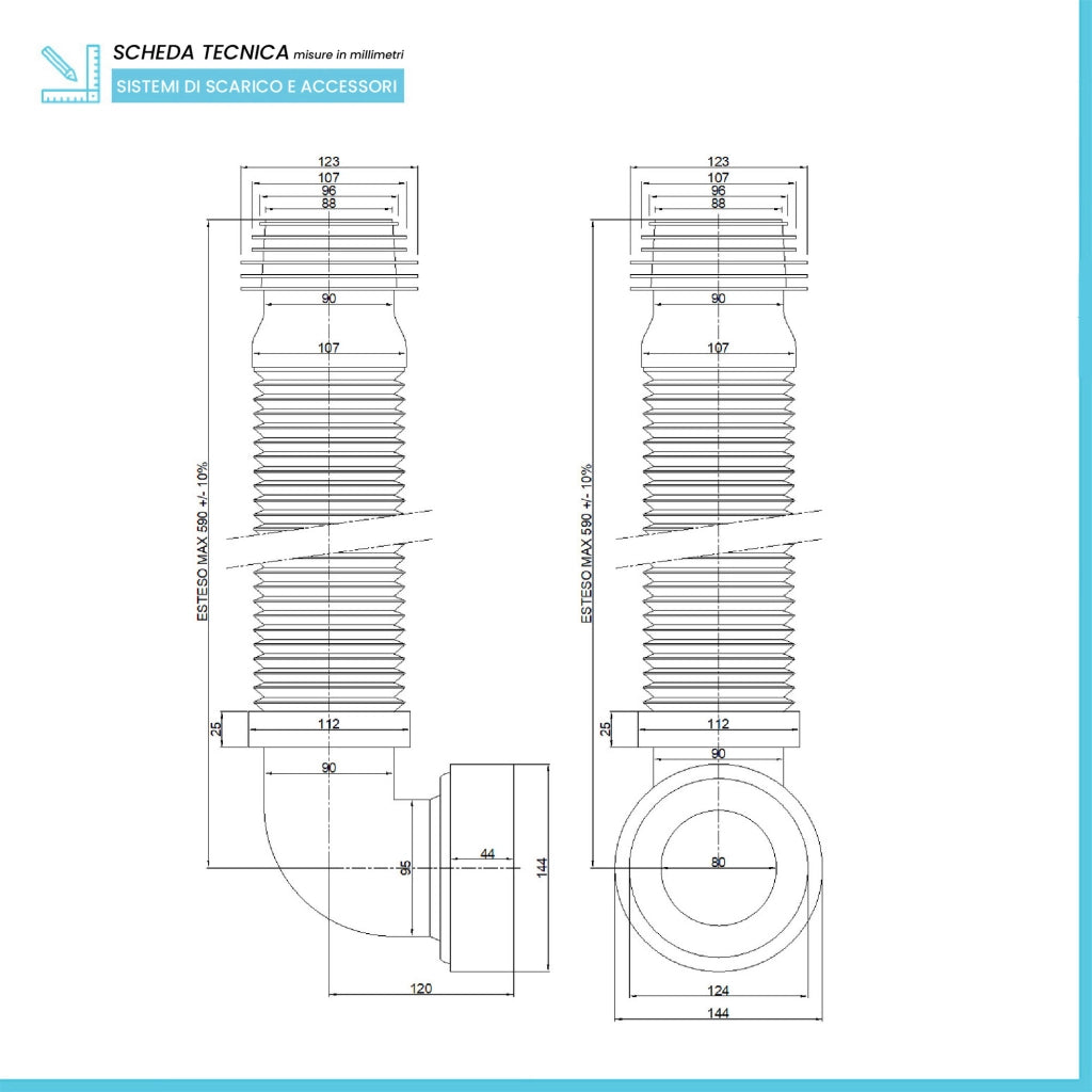 Connessione estensibile con curva universale 590 mm per WC