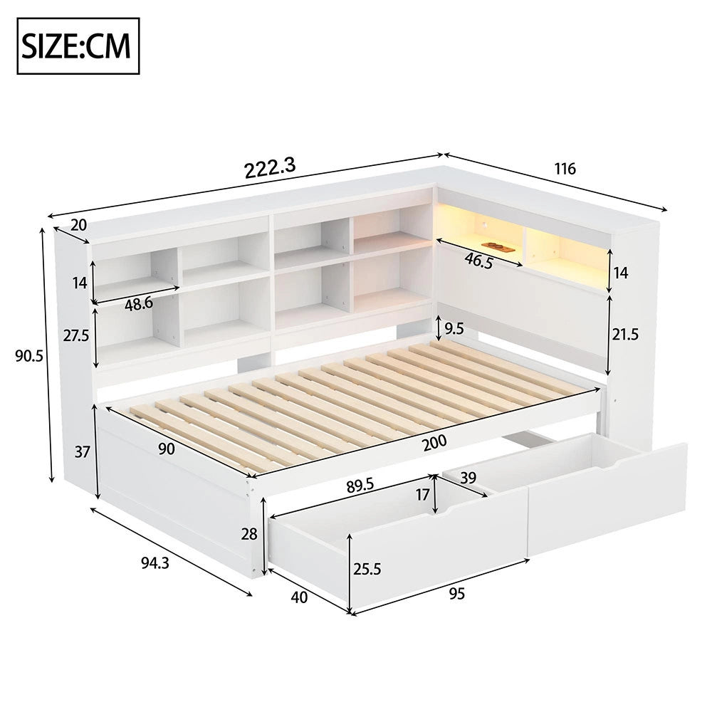 Divano letto massello 90x200cm - Xylo - bianco, porte USB, scomparti