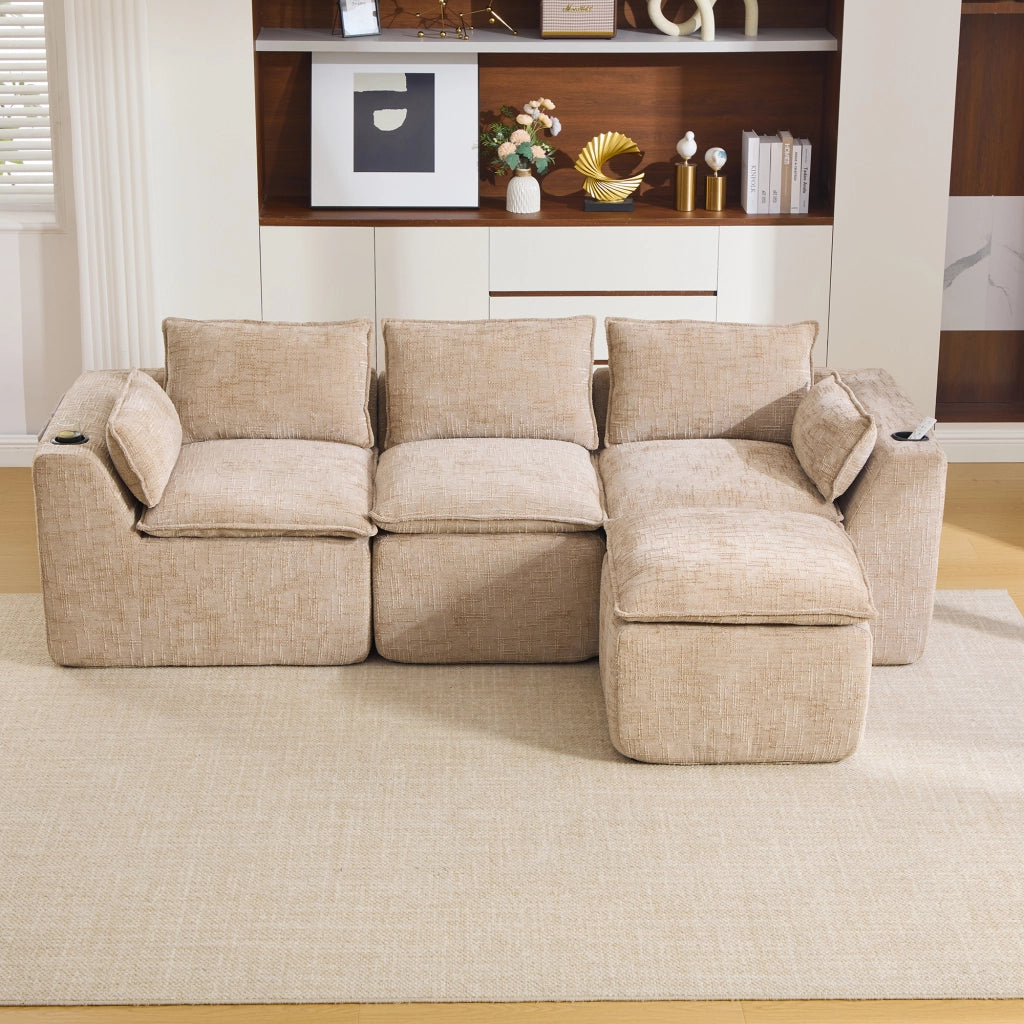 Divano modulare 3 posti con tasche laterali e cuscini, in chenille khaki e nucleo a molle, 256 × 161 × 75 cm