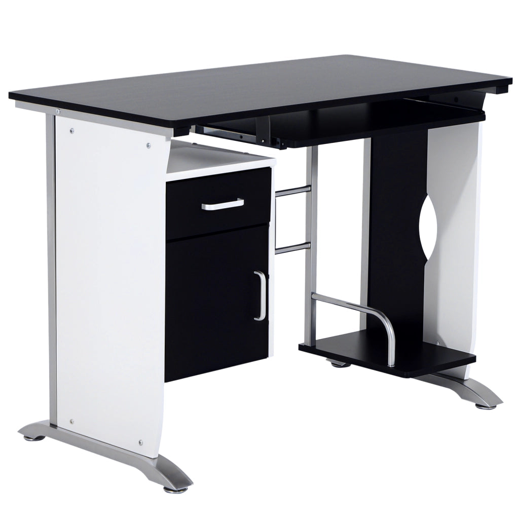 Scrivania per Computer con Ripiano, Cassetto e Armadietto ¨C Minimal ¨C Bianca e Nera, MDF e Ferro, 100x52x75 cm