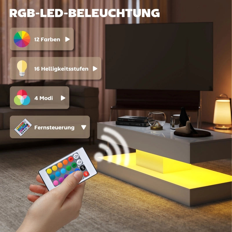 Tavolino basso con LED, 2 cassetti e vano aperto, finitura lucida, per soggiorno, in truciolato, bianco, 120 × 50 × 42 cm