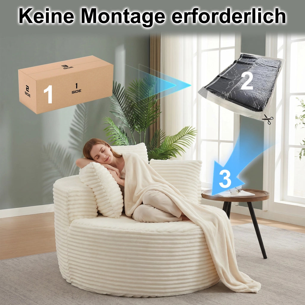 Poltrona lounge rotonda con braccioli larghi e 3 cuscini in velluto a coste, schiuma e molle, beige