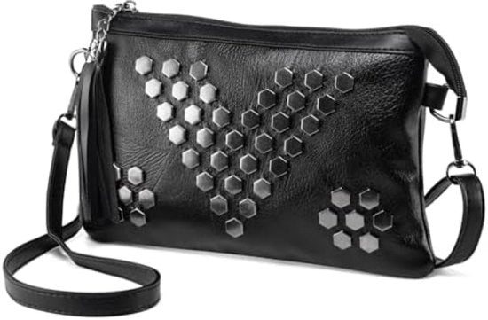 Borsa da Spalla in Pelle Nera per Donna - Borsa a Tracolla con Cinturino e Pizzo