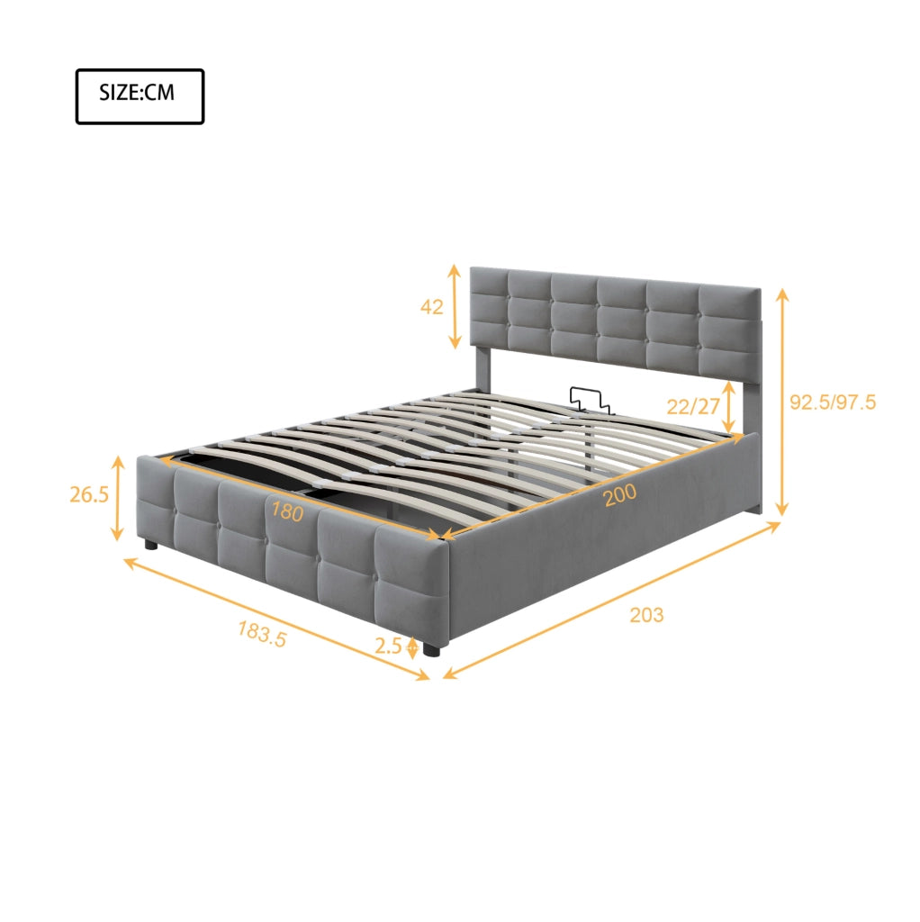 Letto matrimoniale imbottito 180x200 cm con contenitore idraulico; velluto grigio