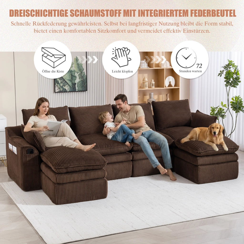 Divano modulare 4 posti con tasche laterali e cuscini - in corduroy marrone