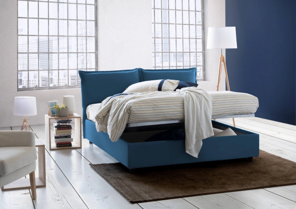 Letto matrimoniale Askari, Letto contenitore con rivestimento in tessuto, Made in Italy, Apertura frontale, adatto per materasso cm 140x190, Blu