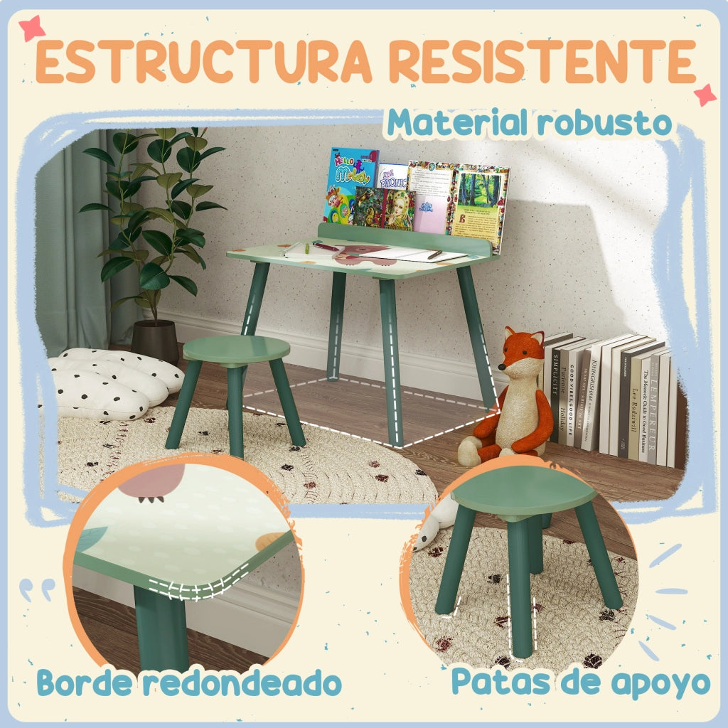 Set Tavolo e Sedia Bambini con Libreria ¨C Xylo ¨C Legno Verde per Cameretta +3 Anni