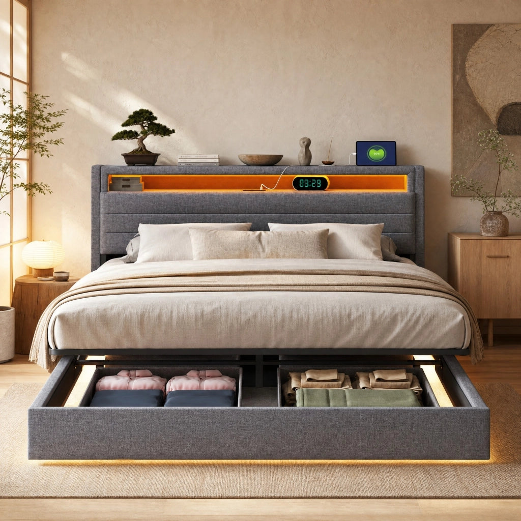 Letto imbottito matrimoniale 160x200 cm con contenitore idraulico, USB e LED, grigio