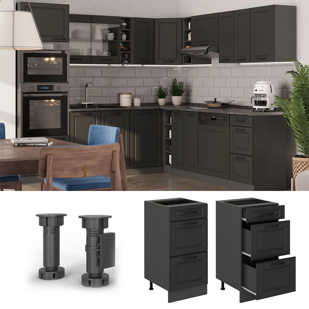Mobiletto base per cucina R-Line Antracite rustico/Antracite 40 cm con cassetti, PL Rovere Vicco