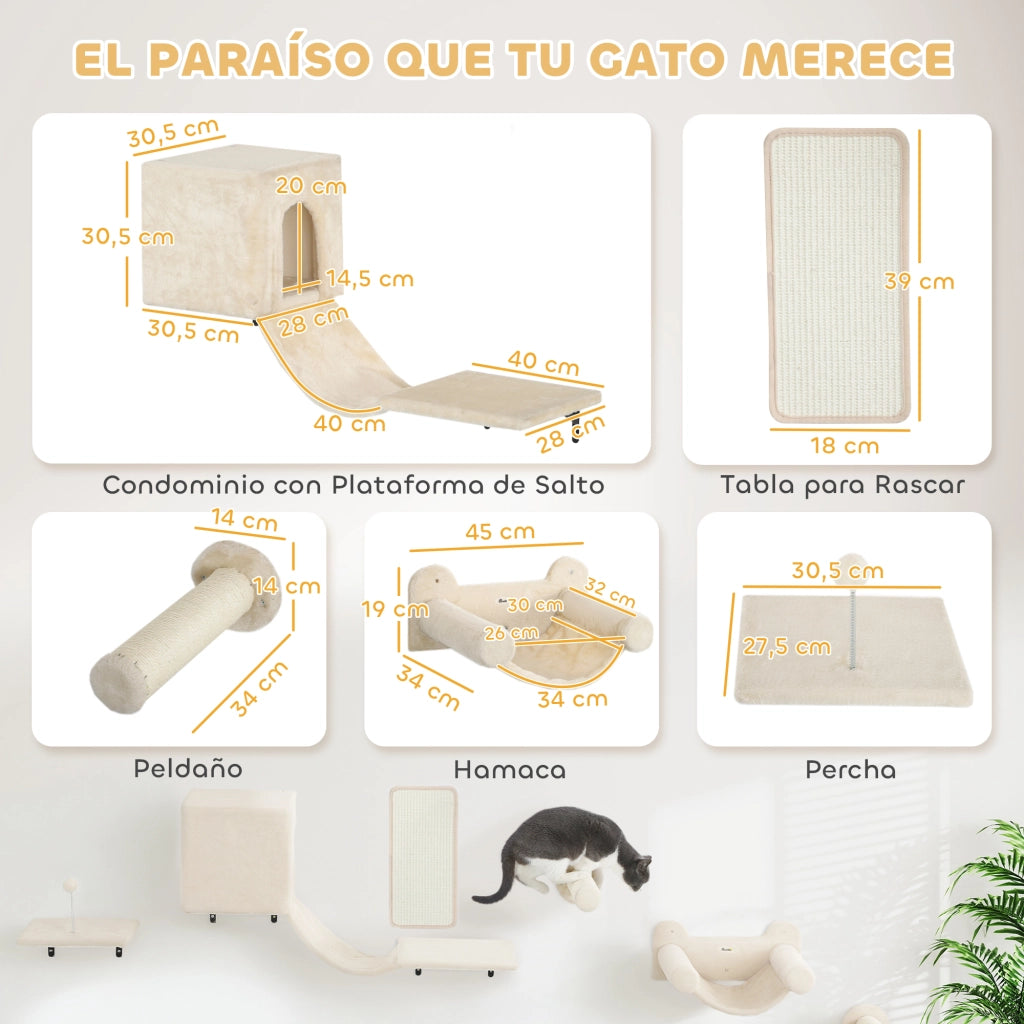 Gioco per Gatti a Parete con Piattaforma, Amaca e Graffiatoio ¨C Minimal ¨C Beige