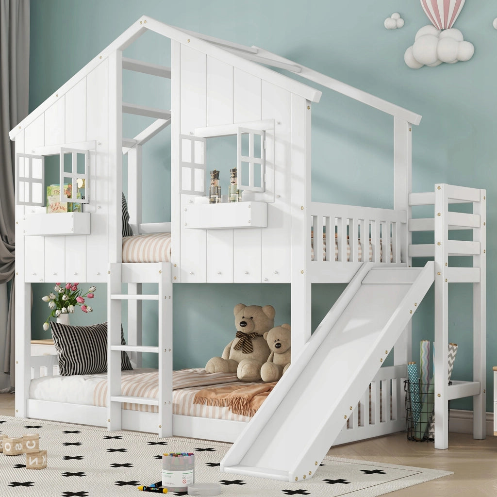 Letto a castello con scivolo e tetto - Xylo - 90x200 - Bianco