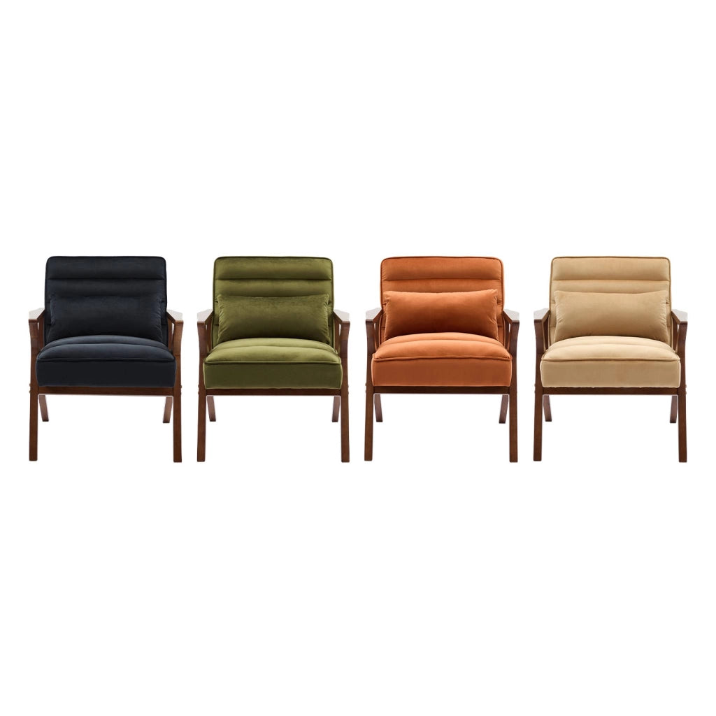 Poltrona scandinava in legno di hevea e velluto, verde kaki