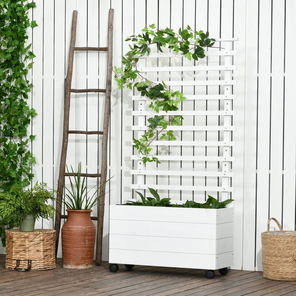 Fioriera con Spaliera su Ruote ¨C Xylo ¨C Legno Naturale Bianco 76x30x155 cm