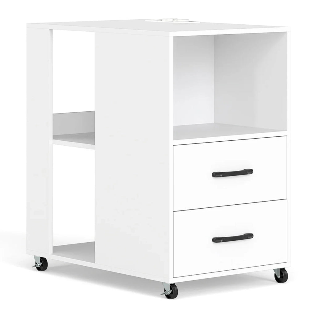 Tavolino laterale con ruote 60 x 40 x 65,5 cm con stazione di ricarica integrata e versatile contenitore in legno bianco 20_0018582