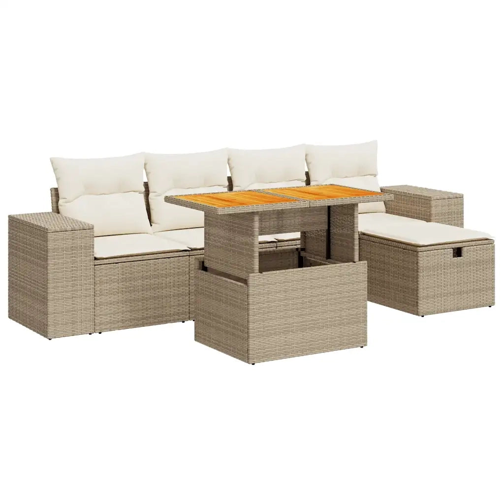 Set Divano da Giardino 6 pz con Cuscini Beige Polyrattan Acacia 3328080