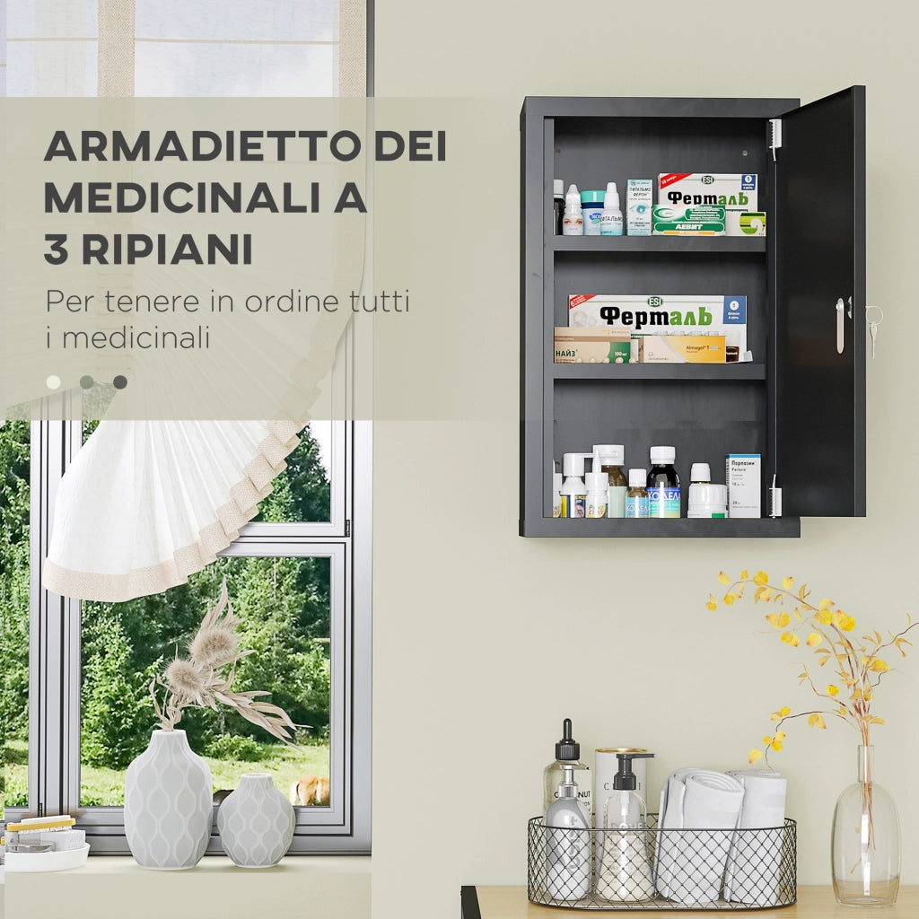Armadietto Medicinali con 3 Mensole e Blocco con Chiavi in Acciaio. 30x14x46cm. Nero