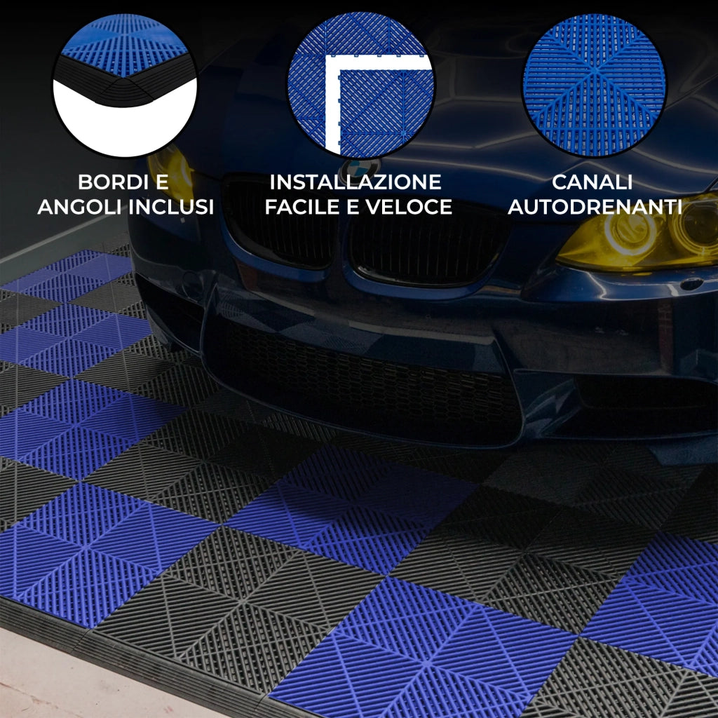 Piastrelle ventilate nere e blu 3,2m x 6m per garage e officine, antiscivolo.