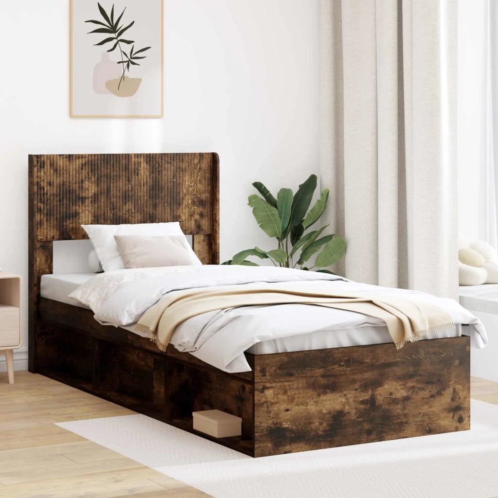 Letto singolo | Letto per adulti | Struttura del letto con stoccaggio e testata Rovere Fumo