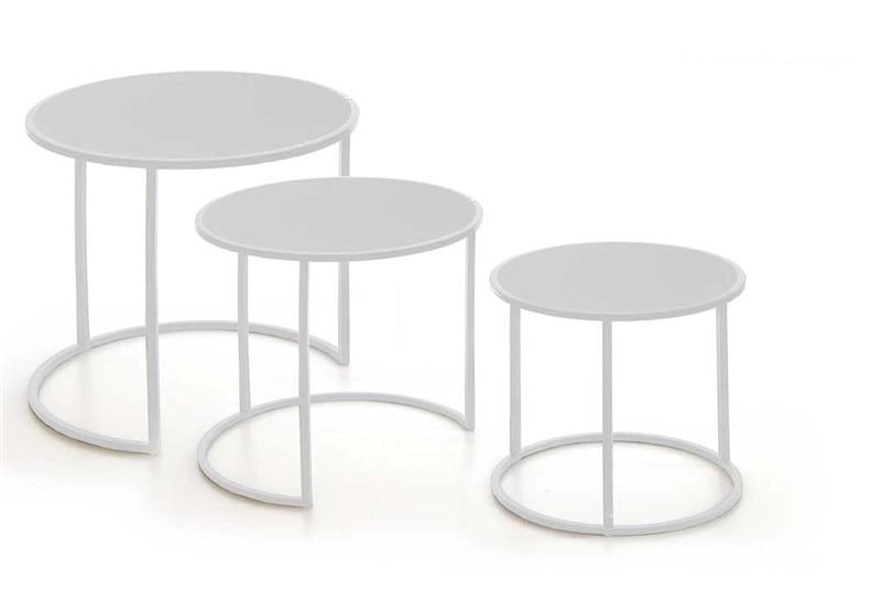 SET 3 TAVOLINI DA CAFFÈ IN METALLO BIANCO E RIPIANI LILLA CHIARO CON DESIGN MINIMAL