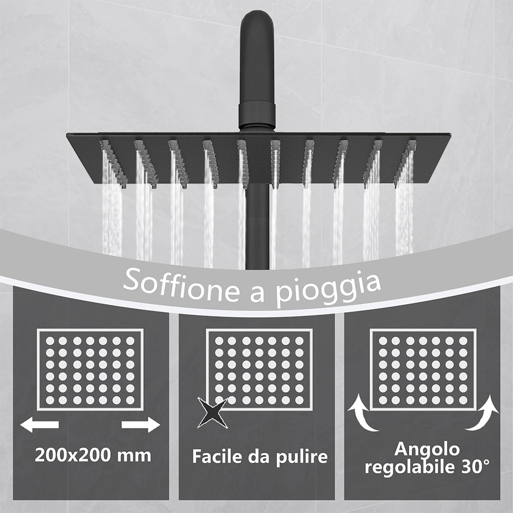 AICA Colonna Doccia con Miscelatore Termostatico, Set Doccia con Soffione Quadrato 20cm e 108mm Doccetta Nero