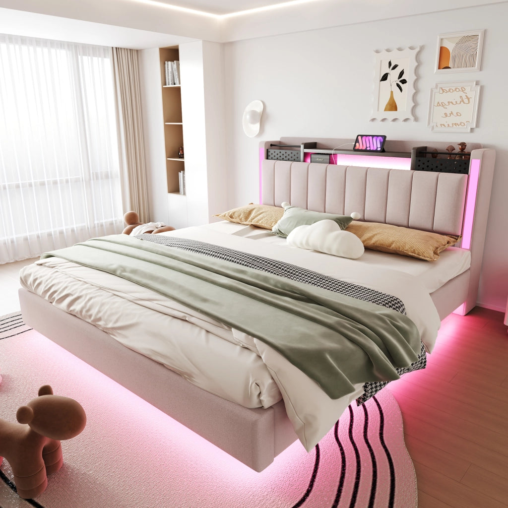 LETTO Imbottito 160x200 cm Beige in tessuto lino con USB e LED