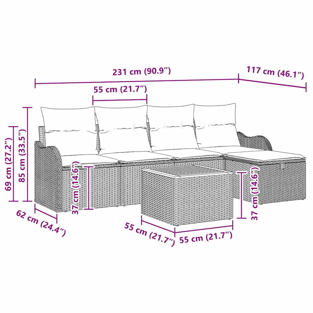 Set Divano da Giardino con cuscino 6 pcs Nero polyrattan 3359474