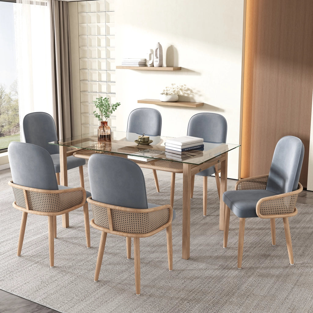 SEDIA da pranzo in velluto e rattan, set da 6 pezzi, grigio