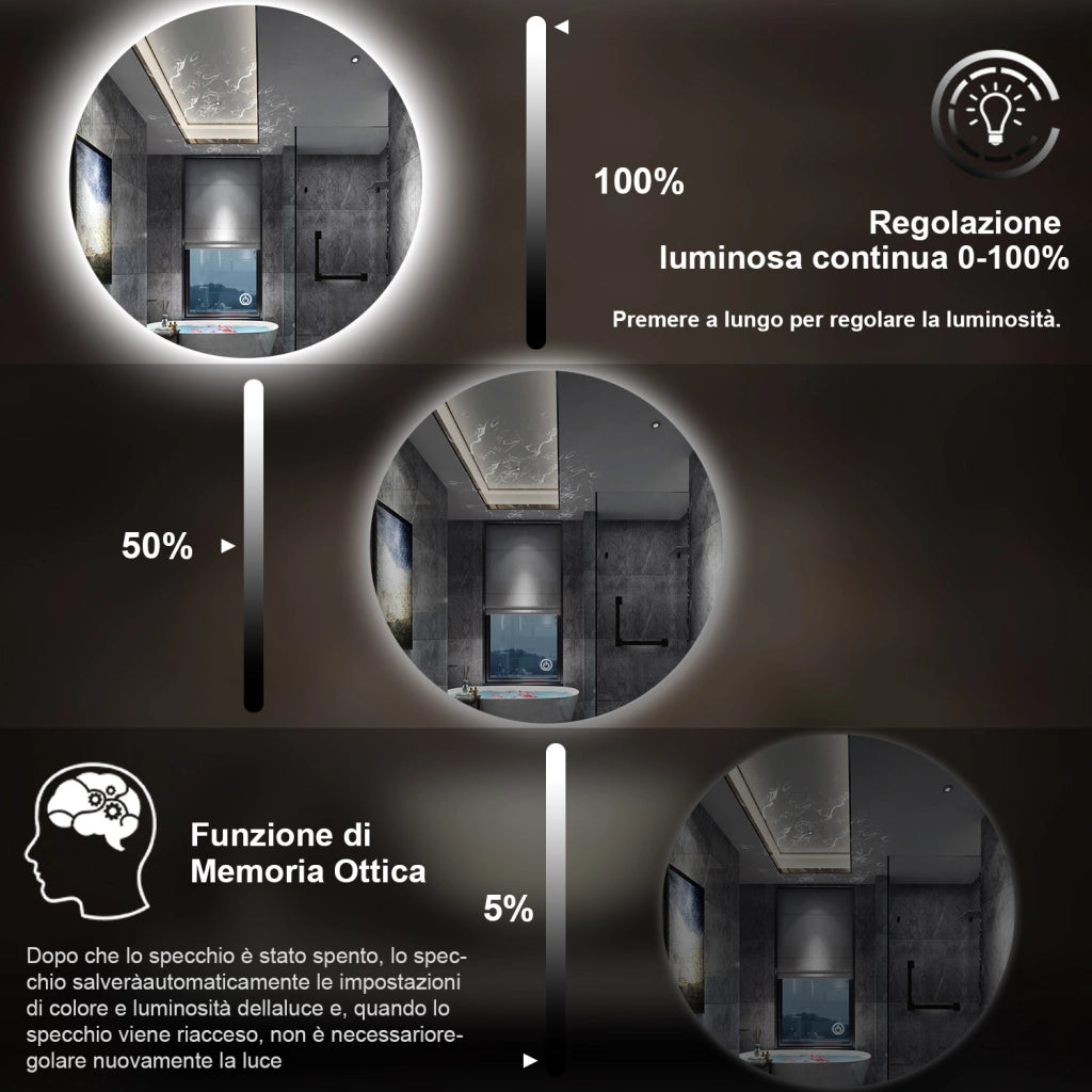 specchio 70 cm rotondo con luce led antiappannamento e touch