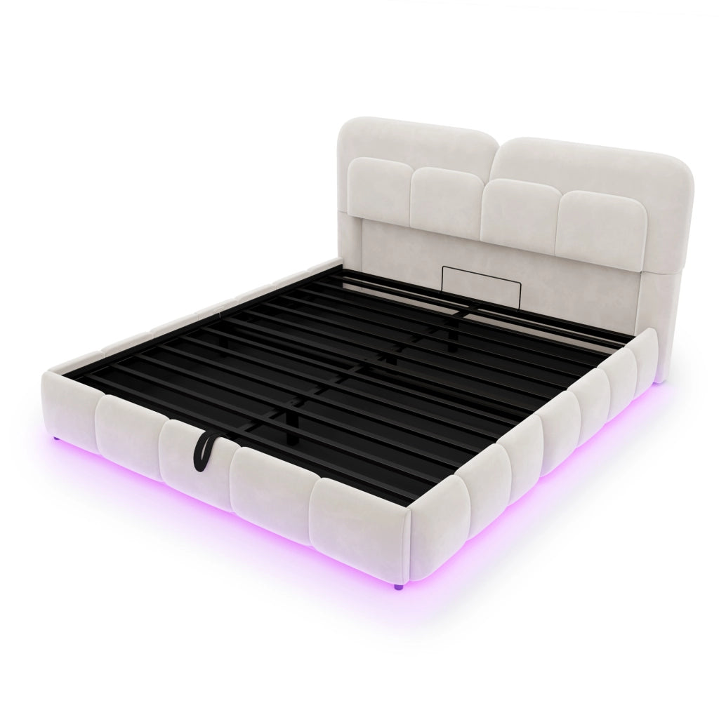 Letto matrimoniale imbottito 140x200 cm in velluto beige con LED e contenitore idraulico