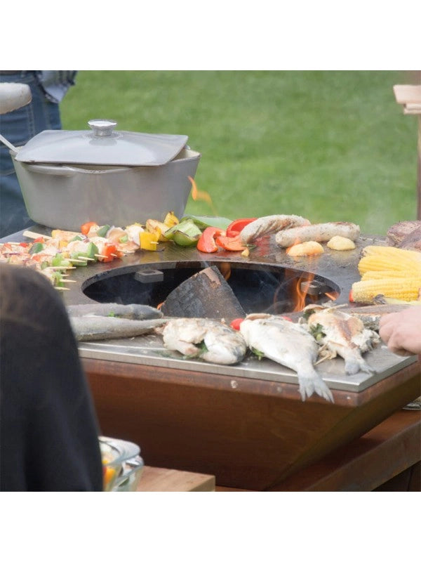 Braciere da giardino, Barbecue con foro per wok e copertura protettiva - G1 corten
