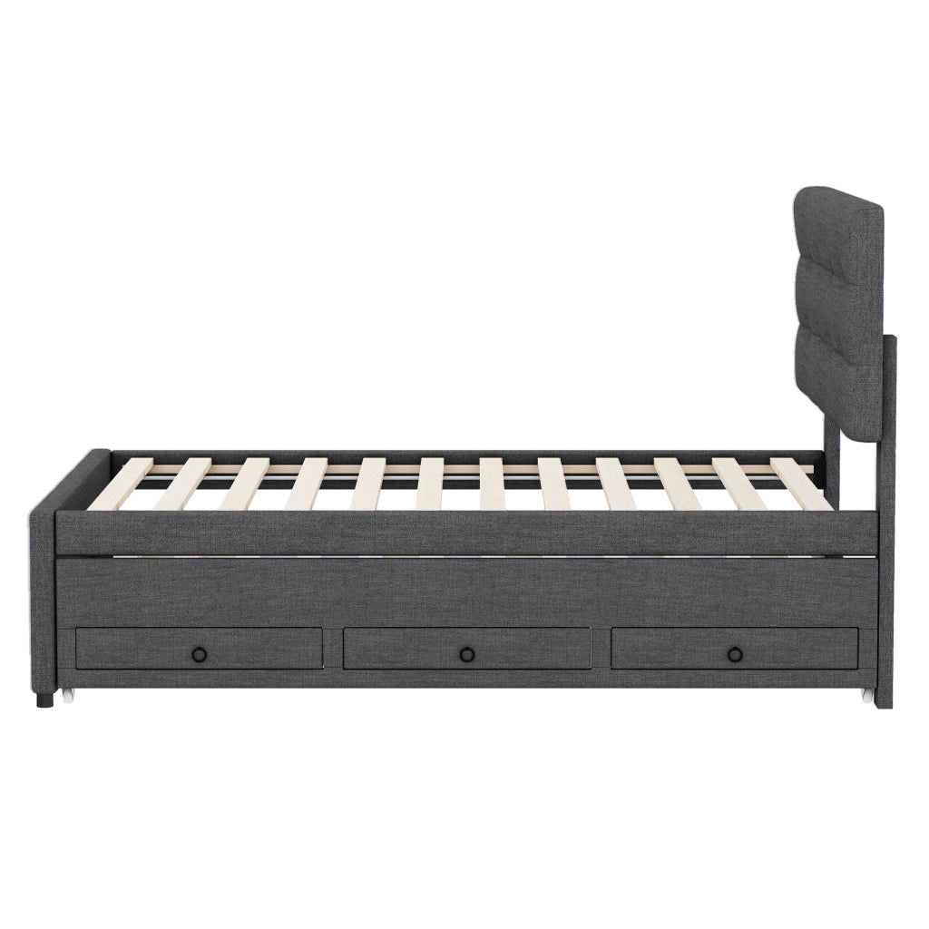 Letto a traguardo imbottito 90x200cm con 3 cassetti e letto estraibile in grigio