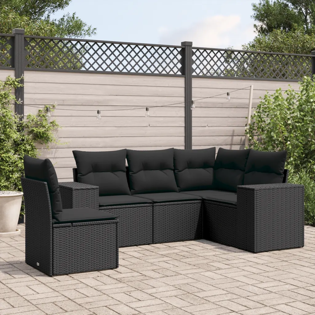 Set Divani da Giardino 5 pz con Cuscini in Polyrattan Nero 3222564