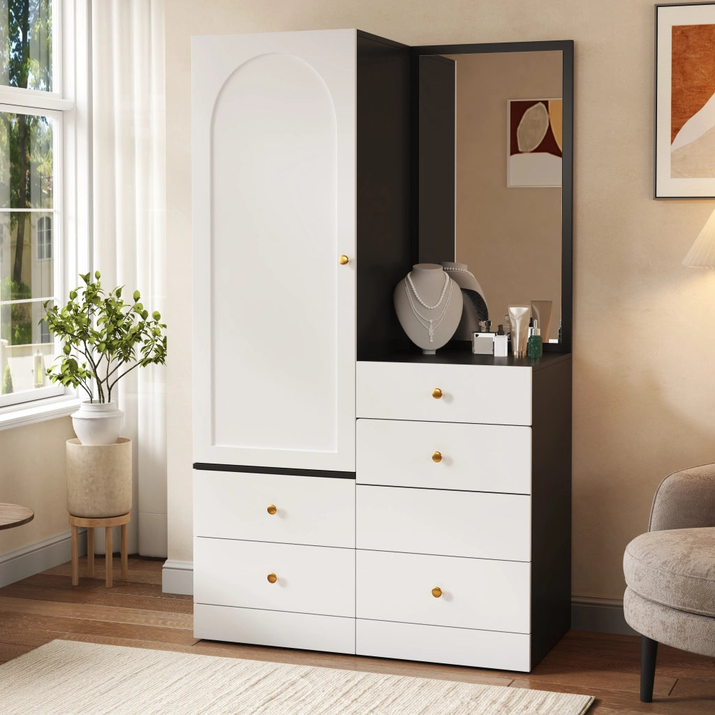 Toeletta con armadio laterale, specchio intero, 6 scomparti e 4 cassetti, per camera da letto, 90 × 50,5 × 160 cm