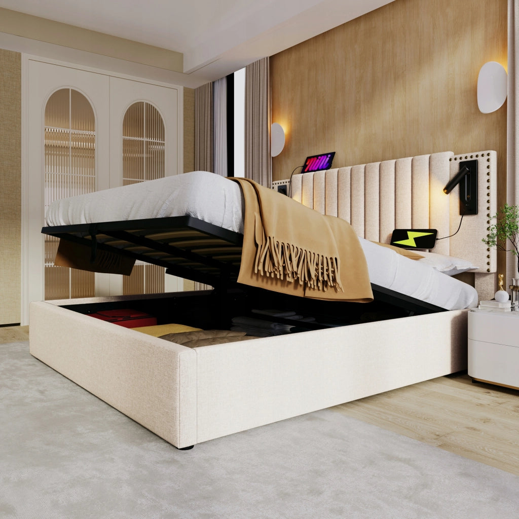 Letto imbottito con contenitore e luce - Xylo - 180x200 - Beige