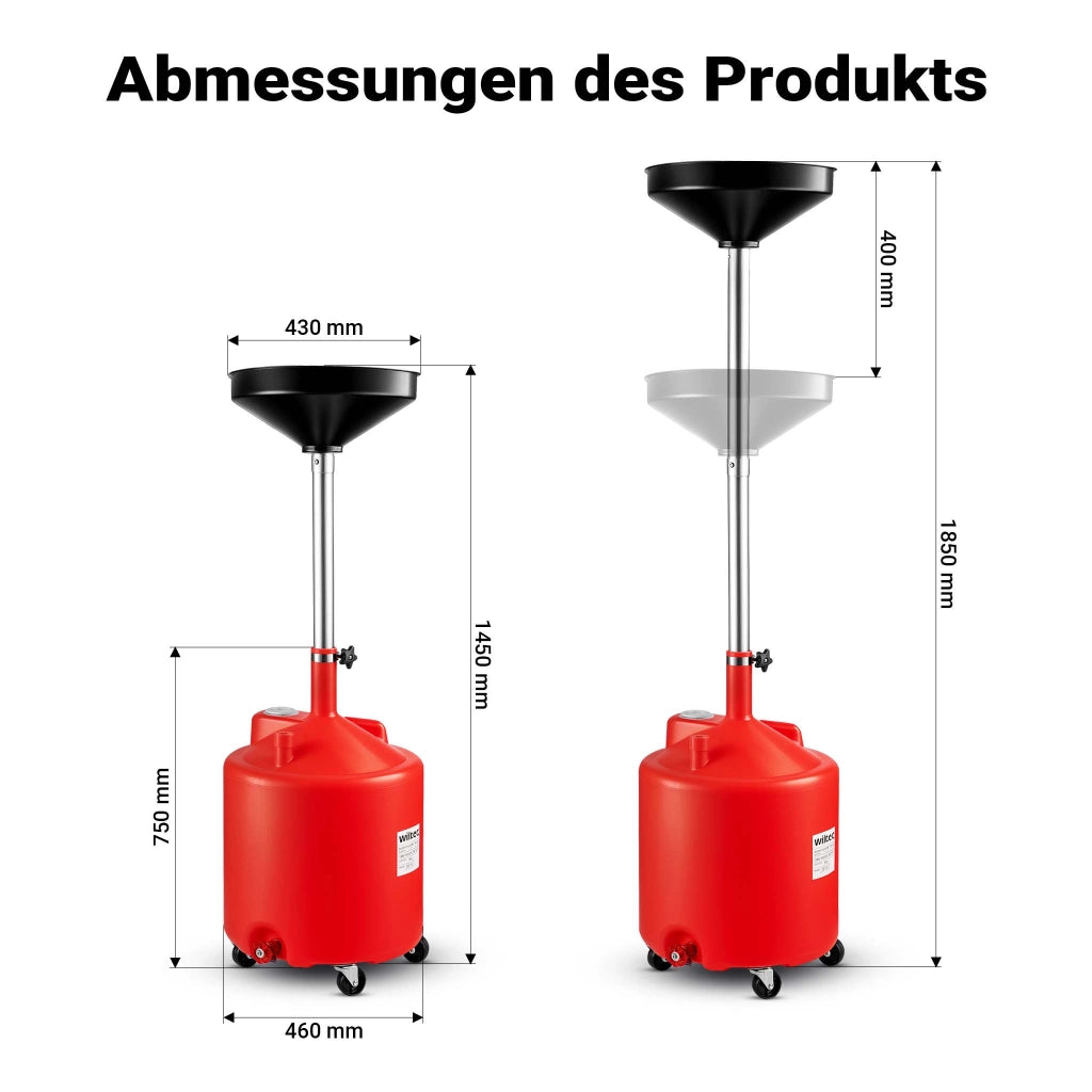 Recuperatore olio esausto a caduta con ruote, serbatoio 75 l, imbuto Ø 41 cm, carrello per recupero olio auto con ruote, altezza regolabile 145-185 cm, per cambio olio